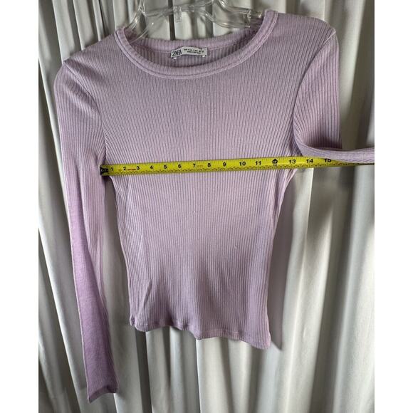 Zara Ribbed Cropped Lightweight Long Sleeves T-Shirt Lavender S Casual 73-39 - Picture 6 of 9